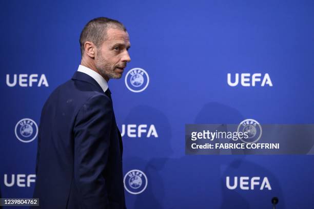 President Aleksander Ceferin arrives to address a press conference following an UEFA executive meeting on April 7, 2022 in Nyon, as UEFA is expected...