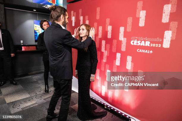 The actress Isabelle Huppert and the hairdresser John Nollet are photographed for Paris Match at the 47th Cesar 2022 Ceremony at the Olympia on...