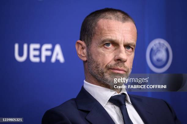 President Aleksander Ceferin attends a press conference following an UEFA executive meeting on April 7, 2022 in Nyon, as UEFA is expected to adopt an...