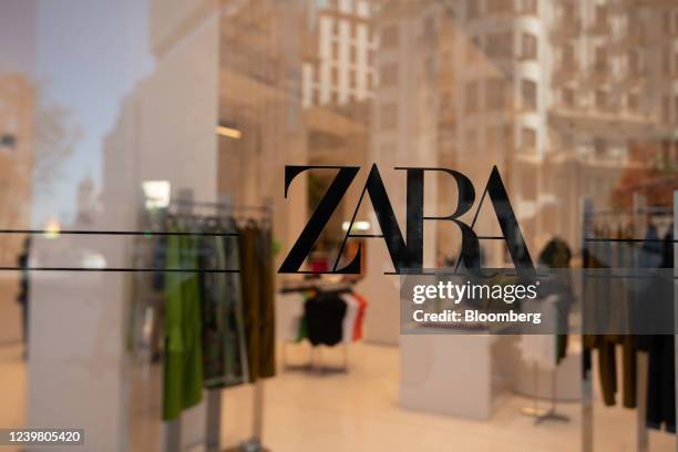 Logo on the window of the new Zara flagship store, operated by Inditex SA, at Plaza de Espana in central Madrid, Spain, on Thursday, April 7, 2022....