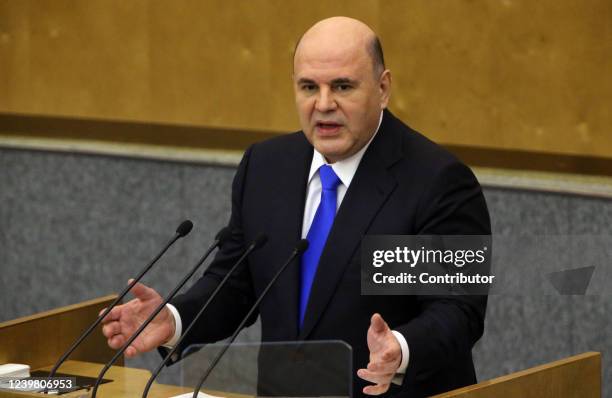 Russian Prime Minister Mikhail Mishustin speaks during the session of the Duma on April 7, 2022 in Moscow, Russia. Russia's Prime Minster presented...