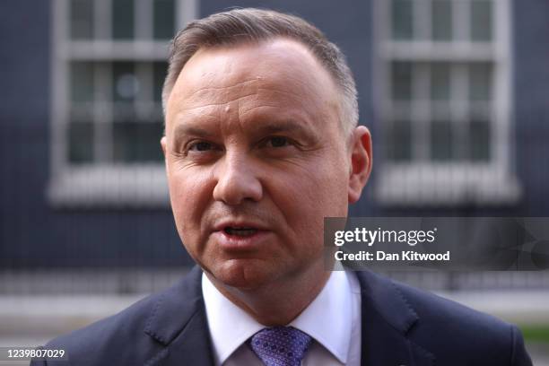 The President Of Poland, Andrzej Duda, speaks to the media outside 10 Downing Street, following a meeting with British Prime Minister Boris Johnson...