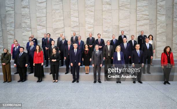 Turkish Foreign Minister Mevlut Cavusoglu attends family photo of NATO Ministers of Foreign Affairs in Brussels, Belgium on April 07, 2022.