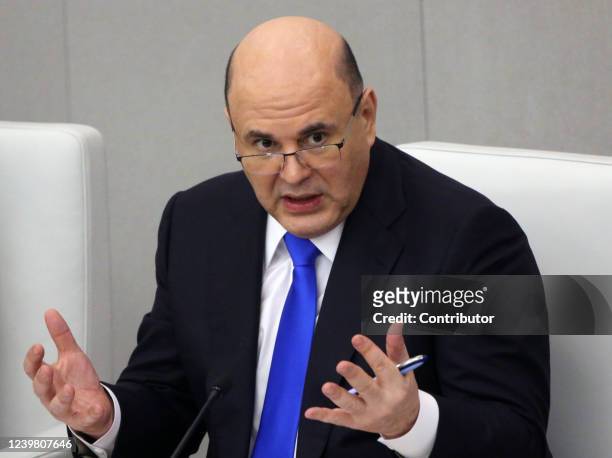 Russian Prime Minister Mikhail Mishustin speaks during the session of the Duma on April 7, 2022 in Moscow, Russia. Russia's Prime Minster presented...