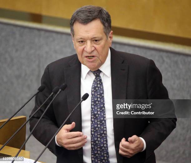 Russian State Duma Deputy Andrei Makarov speaks during the session of the Duma on April 7, 2022 in Moscow, Russia. Russia's Prime Minster presented...