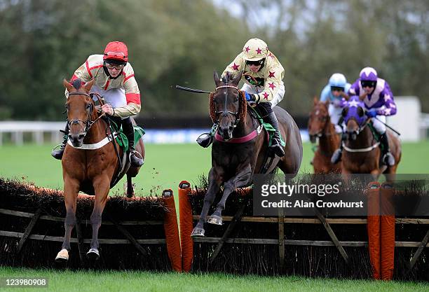 Dean Pratt riding Folk Tune clear the last to win the Help Appeal Conditional Jockeys' Selling Hurdle Race at Uttoxeter racecourse on September 07,...