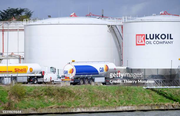 The russian multinational energy corporation Lukoil depot of Neder-Over-Heembeek is seen on April 7, 2022 in Brussels, Belgium. Due to the Russian...