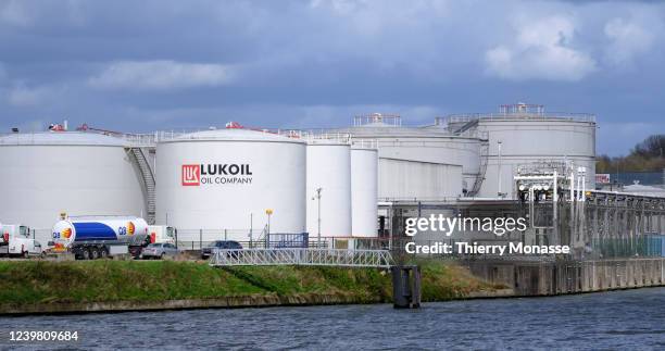 The russian multinational energy corporation Lukoil depot of Neder-Over-Heembeek is seen on April 7, 2022 in Brussels, Belgium. Due to the Russian...