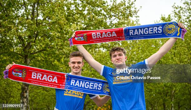 Fans of Rangers FC wave scarfs outside the stadium prior the UEFA Europa League Quarter Final Leg One match between Sporting Braga and Rangers FC at...