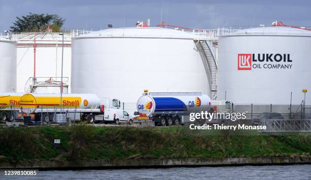 The russian multinational energy corporation Lukoil depot of Neder-Over-Heembeek is seen on April 7, 2022 in Brussels, Belgium. Due to the Russian...