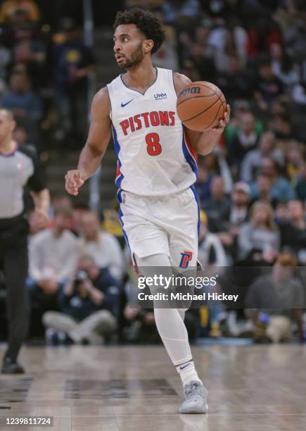 Braxton Key of the Detroit Pistons brings the ball up court during the game against the Indiana Pacers at Gainbridge Fieldhouse on April 3, 2022 in...