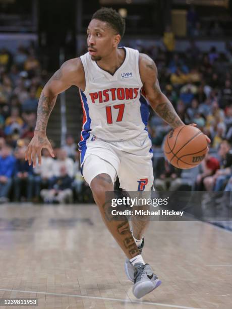 Rodney McGruder of the Detroit Pistons dribbles during the game against the Indiana Pacers at Gainbridge Fieldhouse on April 3, 2022 in Indianapolis,...