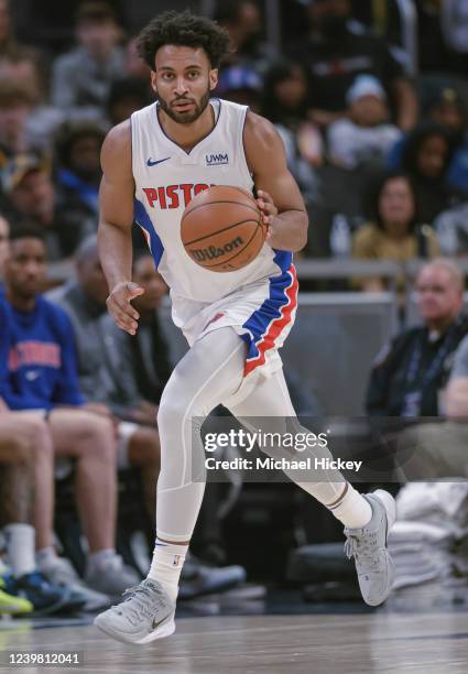 Braxton Key of the Detroit Pistons brings the ball up court during the game against the Indiana Pacers at Gainbridge Fieldhouse on April 3, 2022 in...