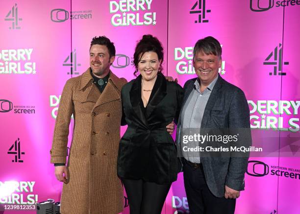 Lisa McGee , Brian Falconer and Richard Williams attend the launch of Derry Girls - Series Three at the Omniplex Cinema on April 7, 2022 in...