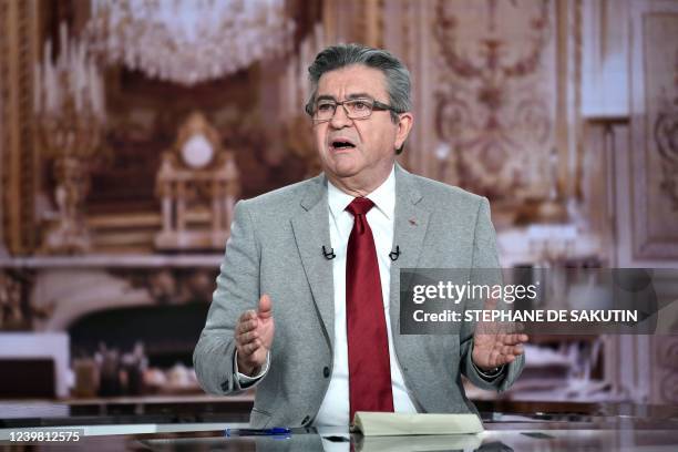 French leftist party La France Insoumise presidential candidate Jean-Luc Melenchon speaks as he takes part in the show "10 Minutes pour Convaincre"...