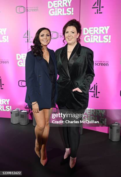 Lisa McGee pictured with cast member Claire Rafferty as they attend the launch of Derry Girls - Series Three at the Omniplex Cinema on April 7, 2022...