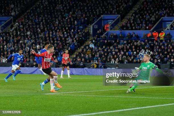 Mario Gotze of PSV, Kasper Schmeichel of Leicester City during the Conference League match between Leicester City v PSV at the King Power Stadium on...