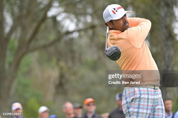 Anirban Lahiri of India tees off on the ninth hole during the final round of THE PLAYERS Championship on THE PLAYERS Stadium Course at TPC Sawgrass...