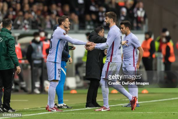 Clement Lenglet of FC Barcelona and Gerard Pique of FC Barcelona substitutes during the UEFA Europa League Quarter Final Leg One match between...