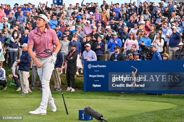 Cameron Smith of Australia watches his shot on the 18th tee box during the final round of THE PLAYERS Championship on THE PLAYERS Stadium Course at...