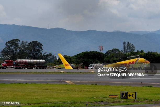 Cargo plane is seen after emergency landing at the Juan Santa Maria international airport due to a mechanical problem, in Alajuela, Costa Rica, on...