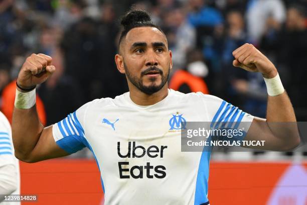 Marseille's French midfielder Dimitri Payet celebrates scoring a goal during the Europa Conference League quarter final match between Olympique de...