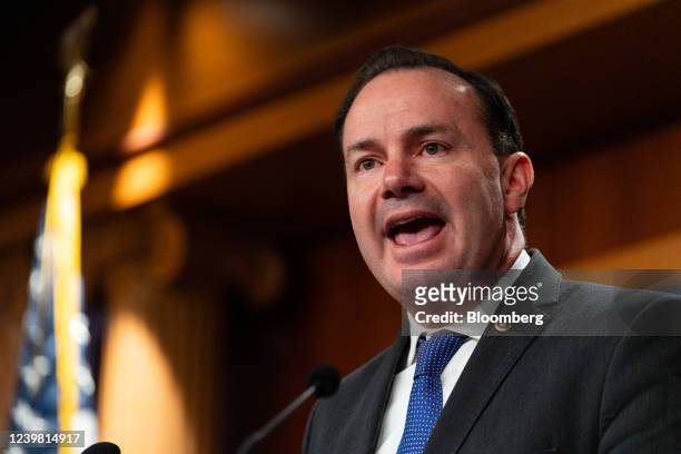 Senator Mike Lee, a Republican from Utah, speaks during a news conference about the nomination of Ketanji Brown Jackson, associate justice of the...