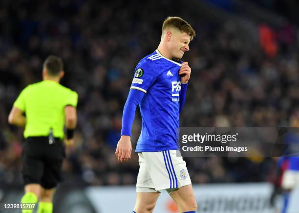 Harvey Barnes of Leicester City reacts during the UEFA Conference League Quarter Final Leg One match between Leicester City and PSV Eindhoven at...