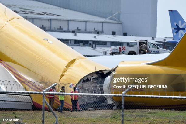 Cargo plane is seen after emergency landing at the Juan Santa Maria international airport due to a mechanical problem, in Alajuela, Costa Rica, on...