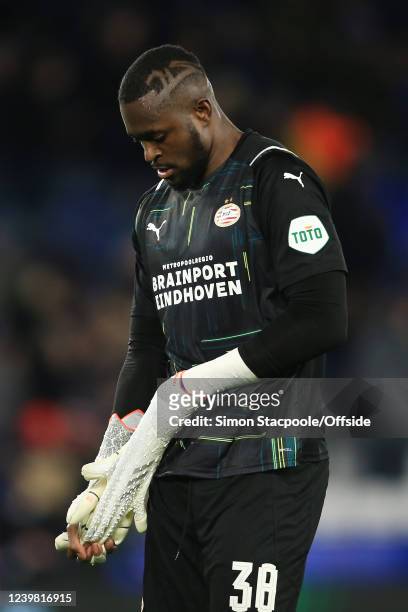 Goalkeeper Yvon Mvogo removes his gloves during the UEFA Conference League Quarter Final Leg One match between Leicester City and PSV Eindhoven at...