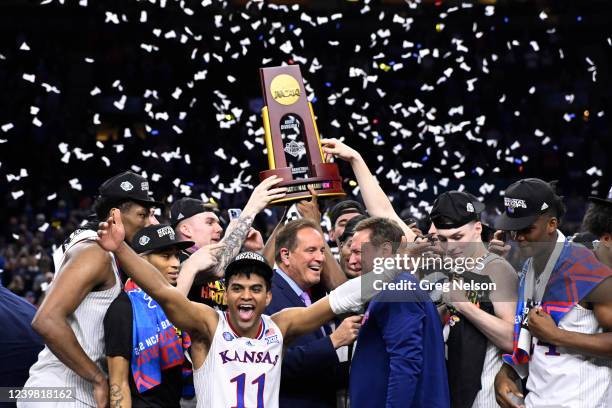 Finals: Kansas Remy Martin victorious during trophy presentation vs UNC at Caesars Superdome. New Orleans, LA 4/4/2022 CREDIT: Greg Nelson