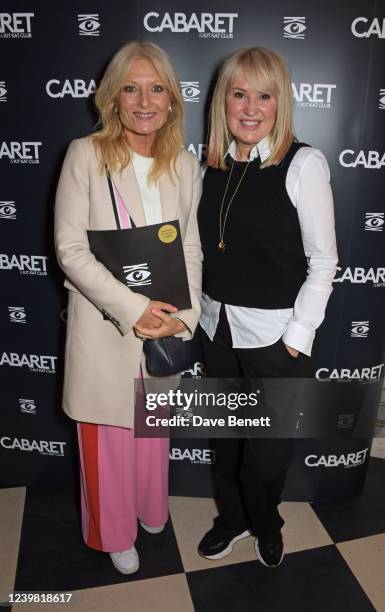 Gaby Roslin and Nicki Chapman attend a drinks reception celebrating the new cast of "Cabaret At The Kit Kat Club" on April 7, 2022 in London, England.