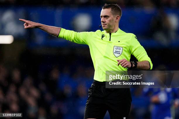 Referee Clement Turpin during the UEFA Champions League match between Chelsea v Real Madrid at the Stamford Bridge on April 6, 2022 in London United...