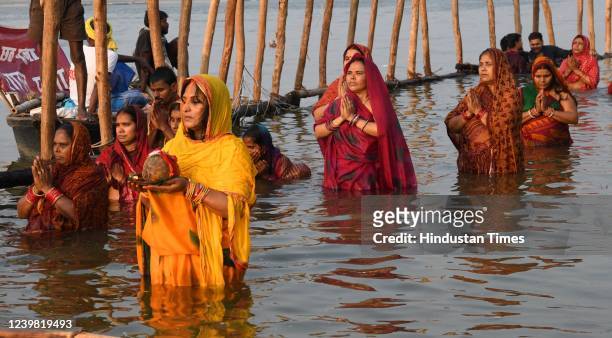 Chhath devotees perform rituals in the Ganga river at Danapur Ghat during Chaiti Chhath Puja festival on April 7, 2022 in Patna, India.