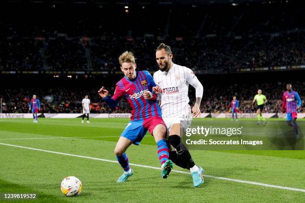 Frenkie de Jong of FC Barcelona, Nemanja Gudelj of Sevilla FC during the La Liga Santander match between FC Barcelona v Sevilla at the Camp Nou on...