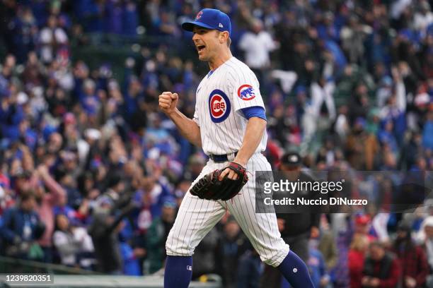 David Robertson of the Chicago Cubs reacts after the Cubs win the game 5-4 over the Brewers during the game between the Milwaukee Brewers and the...
