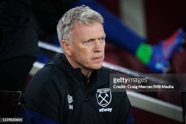 West Ham United manager David Moyes looks on ahead of the UEFA Europa League Quarter Final Leg One match between West Ham United and Olympique Lyon...