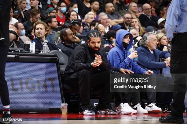 Canadian rapper, Drake, poses for a photo during the game between the Philadelphia 76ers and the Toronto Raptors on April 7, 2022 at the Scotiabank...