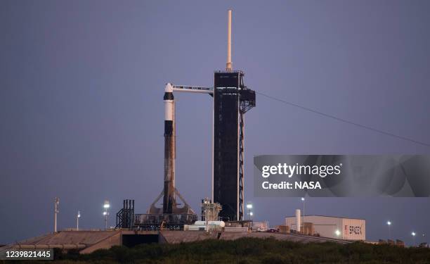 In this handout photo provided by the National Aeronautics and Space Administration, a SpaceX Falcon 9 rocket with the company's Crew Dragon...