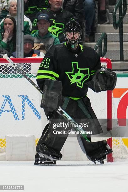 Scott Wedgewood of the Dallas Stars tends goal against the Toronto Maple Leafs at the American Airlines Center on April 7, 2022 in Dallas, Texas.