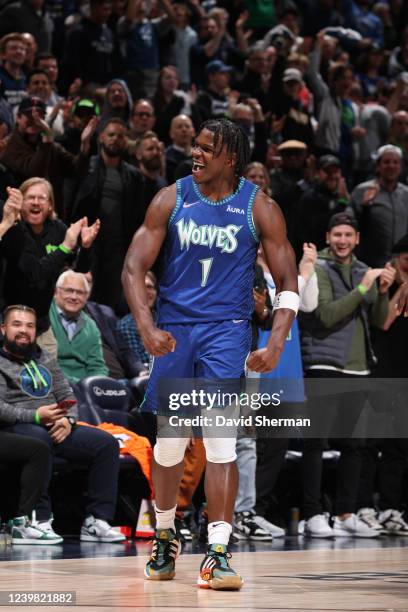 Anthony Edwards of the Minnesota Timberwolves celebrates during the game against the San Antonio Spurs on April 7, 2022 at Target Center in...