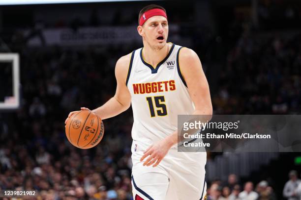 Nikola Jokic of the Denver Nuggets dribbles against the Memphis Grizzlies at Ball Arena on April 7, 2022 in Denver, Colorado. NOTE TO USER: User...