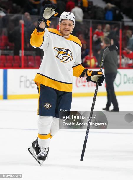 Mark Borowiecki of the Nashville Predators waves to fans after a 3-2 win against the Ottawa Senators at Canadian Tire Centre on April 7, 2022 in...