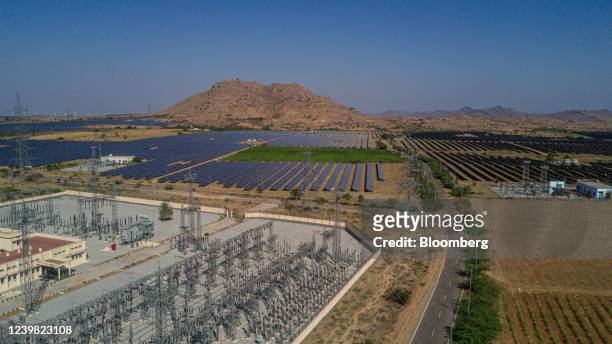 Photovoltaic panels at a solar farm in Pavagada, Karnataka, India, on Thursday, Feb. 24, 2022. India plans to expand its solar capacity to 280...