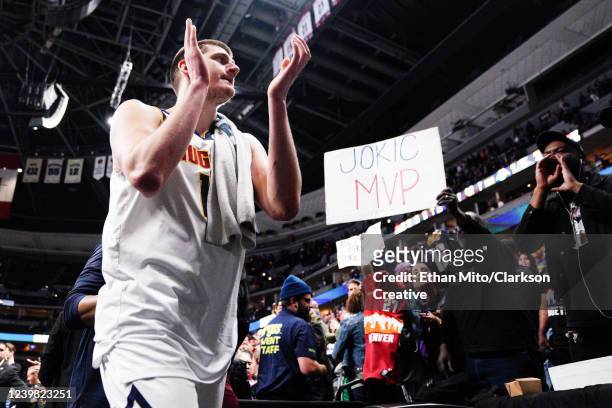 Nikola Jokic of the Denver Nuggets walks off the court after defeating the Memphis Grizzlies at Ball Arena on April 7, 2022 in Denver, Colorado. NOTE...