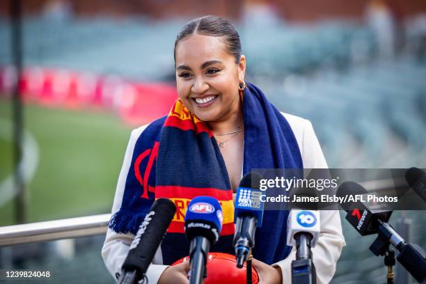 Jessica Mauboy talks during the 2022 AFLW Grand Final Entertainment Media Opportunity at Adelaide Oval on April 8, 2022 in Adelaide, Australia.