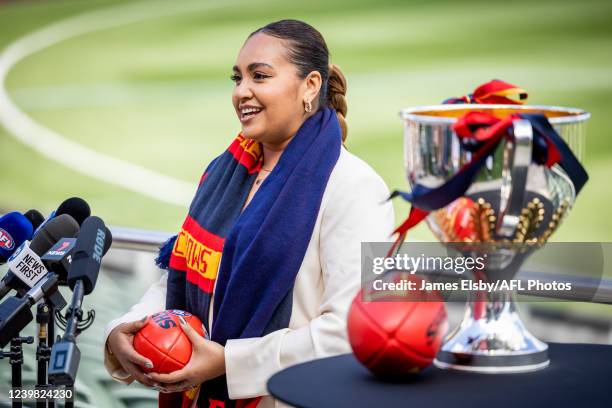 Jessica Mauboy talks during the 2022 AFLW Grand Final Entertainment Media Opportunity at Adelaide Oval on April 8, 2022 in Adelaide, Australia.