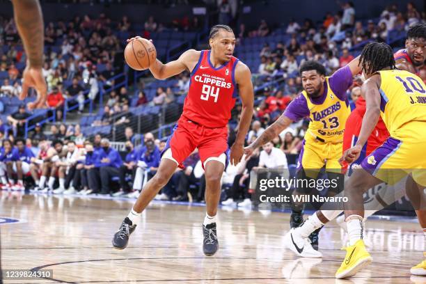 George King of the Agua Caliente Clippers dribbles the ball during the game against the South Bay Lakers during an NBA G-League playoff game on April...