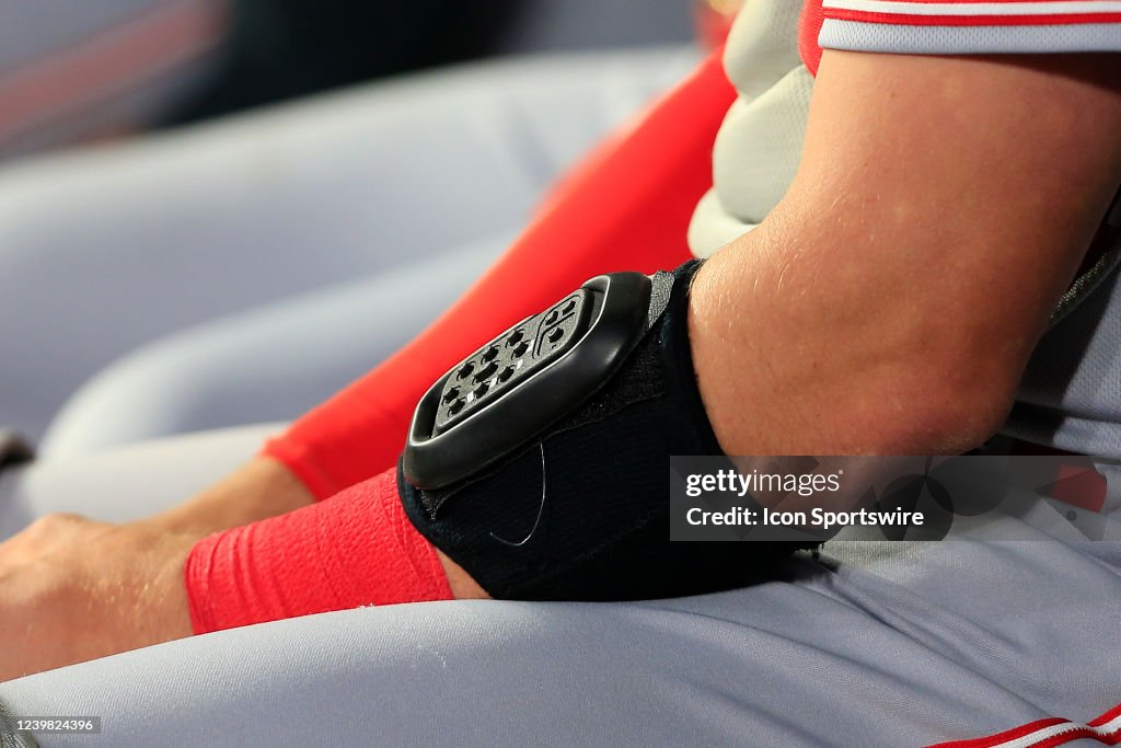 Pitchcom Device A PitchCom device is shown on the arm of Tyler Stephenson of the ...