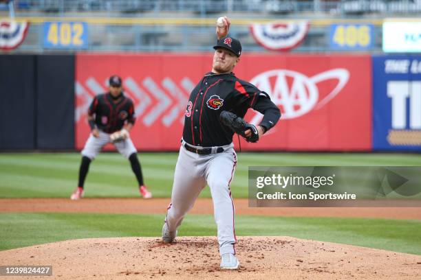 Rochester Red Wings starting pitcher Cade Cavalli pitches during a regular season Triple A Minor League Baseball game between the Rochester Red Wings...